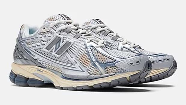 View of silver New Balance 1906R shoes.
